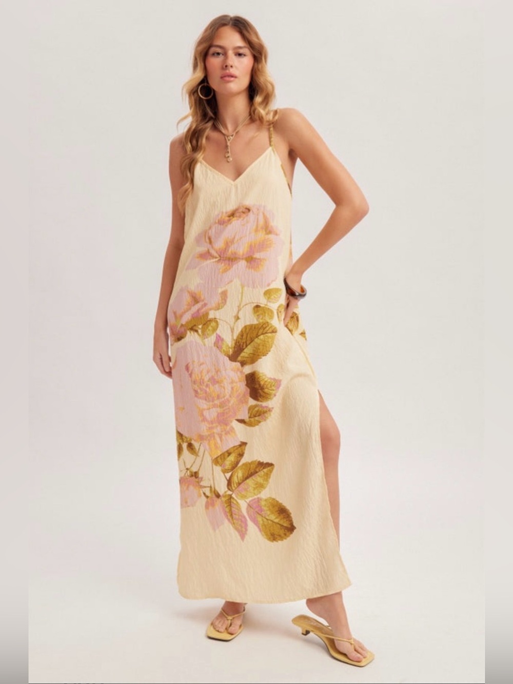 NWT Hem & Thread Yellow Floral Slip Maxi Dress with Pink Rose Print Resort Wear